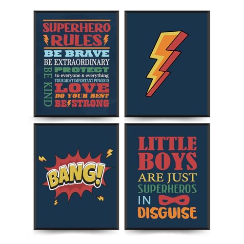 ETVISO Inspirational Quote Rules Wall Art Set of 4, Boys Wall Decor, Superhero Room Decor for Boys, Motivational Quotes Decor for Baby Kids Room Bedroom Playroom Nursery, 8x10 (Unframed)