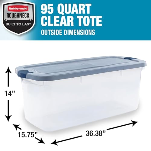 Rubbermaid Roughneck Clear 95 Qt/23.75 Gal Storage Containers, Pack of 4 with Latching Grey Lids, Visible Base, Sturdy and Stackable, Great for Storage and Organization - Image 3