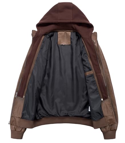 Image of INVACHI Men's Faux Leather Motorcycle Bomber Jacket with Removable Hood