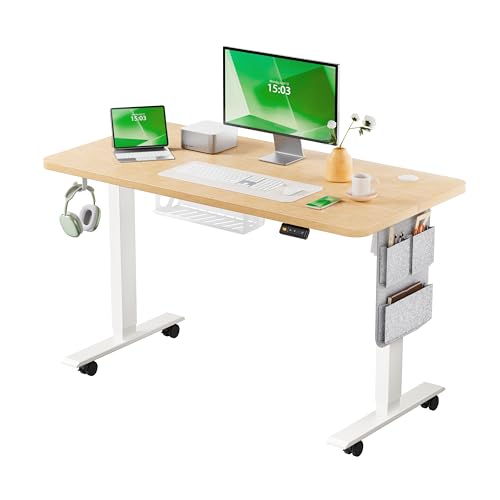 MAIDeSITe Elektrischer höhenverstellbarer Schreibtisch 100 × 60 cm Sitz-Steh-Schreibtisch mit Kabelwanne Haken und Aufbewahrungstaschen Stehpult mit Speichersteuerung für Homeoffice