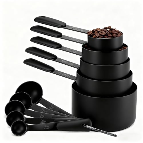 Bopei Measuring Cups and Spoons Set, Titanium-Plated Matte Black Stainless Steel 10 Piece for Cooking and Baking (5 Cups + 5 Spoons All Black)