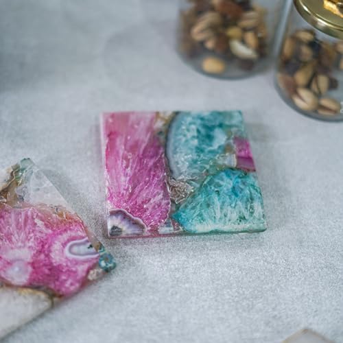 Image of Crystal Agate Stone Coaster Set of 2 Square Table Coaster for Bar Beer Coffee Tea Drinking Coasters for Dining Table Hot Pots -Multicolor