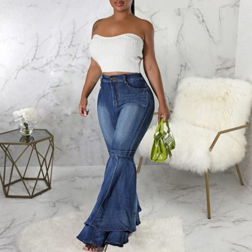 Conshvi Women's High Waisted Bell Bottom Jeans Layered Ruffle Patchwork Wide Leg Flare Denim Pants3