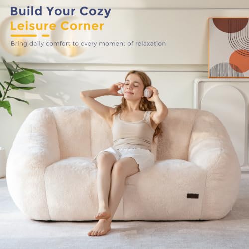 Image of MAXYOYO Bean Bag Chair, Comfy Bean Bag Sofa with Back Support, Loveseat Faux Fur Bean Bag Chair for Adults, Stuffed Floor Sofa for Living Room, Bedroom, Apartment, Beige