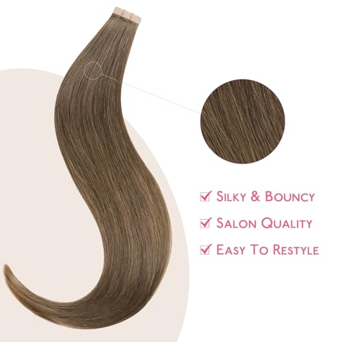 Image of WENNALIFE Tape in Hair Extensions Human Hair Muted Light Brown Brunette Tape in Extensions, 10pcs 30g 24 inch Remy Invisible Tape Ins Straight Colored Soft Real Human Hair Tape in Extensions Refill Se