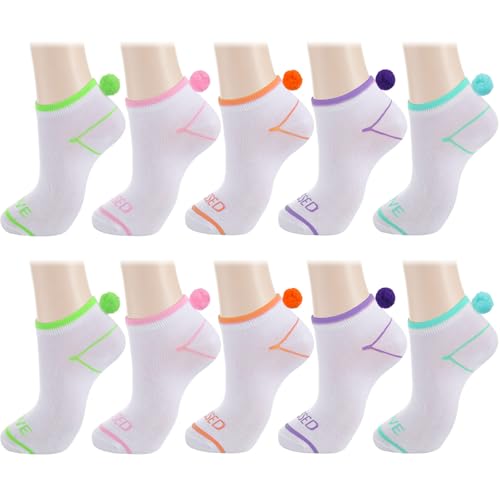 Cutecrop 5 Pair Women Cheer Pom Pom Socks with Ball on the Back Ankle Low Cut Seamless Sock for Men Women Gift(Colorful)