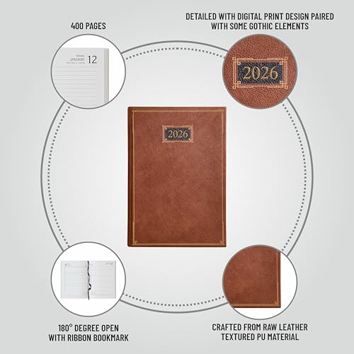 Image of Anupam Goth Diary 2026 with Dates, 2026 Daily Planner Full Page Per Day with Monthly Calendar, January to December 2026 Size A5 (21x14cm) 365 Days Canvas Textured PU Cover 80GSM Tan