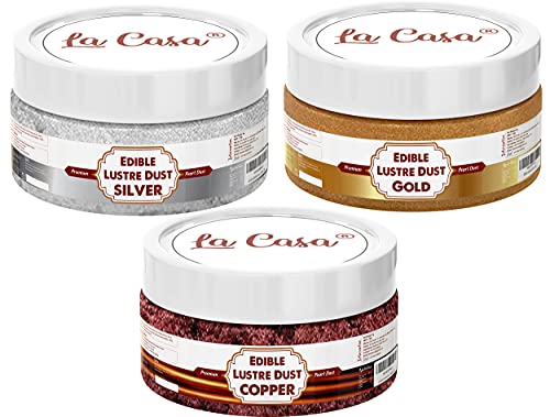 Image of La Casa Premium Edible Lustre Dust - Gold,Copper & Silver | Pack of 3 | Pearl Dust Ideal for Cake Icing Decoration & Garnishing | 3x9gm |
