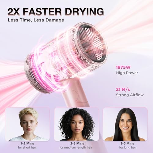 Image of BABONIR 1875W Diffuser Hair Dryer, Ionic Foldable Blow Dryer, Pink | Fast Drying Hair dryer for Curly & All Hair Types, 3 Heat & 2 Speed, Concentrator & Diffuser, Compact & Portable, Women