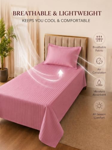 Image of Mafatlal 210 TC Italian Stripe Single Bedsheet Set with Pillow Cover (60 x 90 Inches) | 100% Cotton | Hotel Collection | Soft Breathable Flat Bed Sheet | Blush Pink