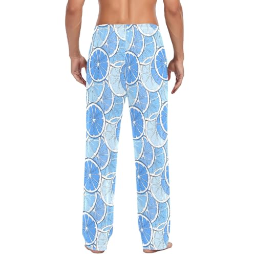 Mens Cotton Pajama Pants Sleep Lounge Pj Bottoms Sleepwear with Pockets Drawstring S Lemon Blue3
