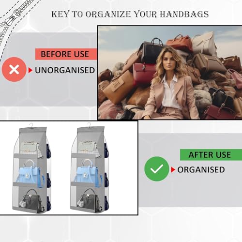 Image of Handbag Organizer, 6-Pocket Hanging Purse Holder, Clear PVC Windows for Quick Identification, Stainless Steel Swivel Hook, Grey, Large