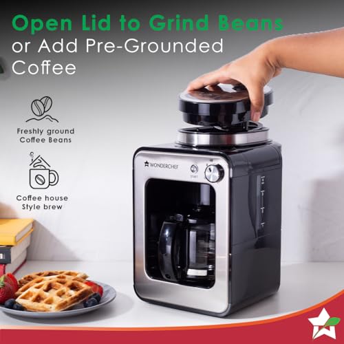 Image of Wonderchef Regalia Bean-to-Cup Brew Coffee Maker with Grinder | Grind Coffee Beans | Get Fresh Aromatic Powder | Brew 4 cups | Glass Carafe | Easy Control Dial | 2 Years Warranty | Steel