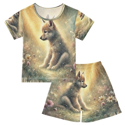 Sunlit Wolf Cub Golden Pajama Set Short Sleeve Nightwear Soft Clothes Set Summer Pajamas Cotton 5Y