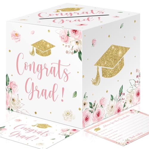 Tewess 8.5 Graduation Card Box With Cards Floral Congrats Grad Card Box for Girls Gold Cap Pink Graduate Boxes Foldable Cardboard Grad party Table Decoration for Graduation Party Decorations