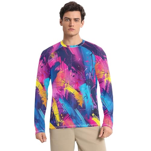 UPF 50+ Mens Rash Guard Quick Dry Long Sleeve Fishing T-Shirts UV Protection Sun Shirts, Colorful Graffiti, Large