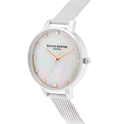 Image of Olivia Burton Classics Qtz Basic White Mother of Pearl & Stone & Stud Round Dial Women's Watch|Stainless Steel Material|Silver Color Band - OB16SE07