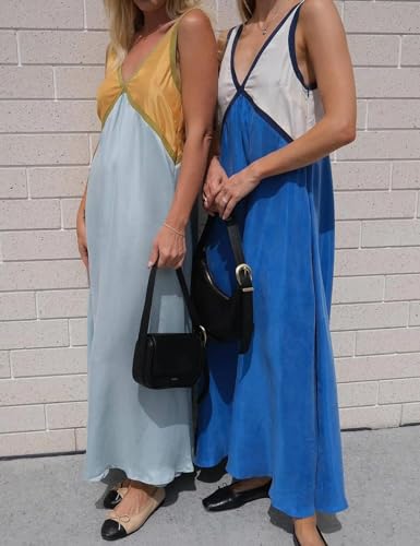 Image of Womens Summer Color Block Satin Dress Loose V Neck Contrast Patchwork Flowy Beach Vacation Long Tank Maxi Dresses