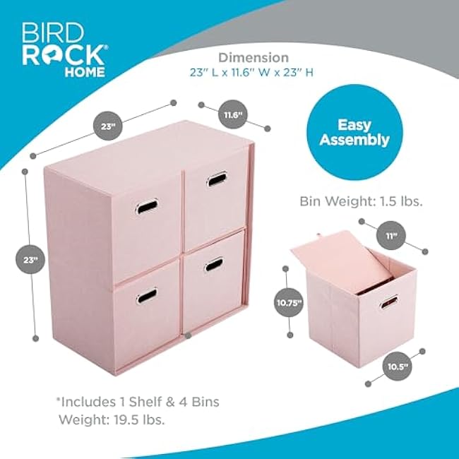 BIRDROCK HOME Linen Cube Organizer Shelf with 4 Storage Bins - Durable, Collapsible Multi-Purpose Shelving Unit for Bedroom, Closet, or Dorm, Compact Cubbie Shelf for Toys, Clothes, or Towels - Blush