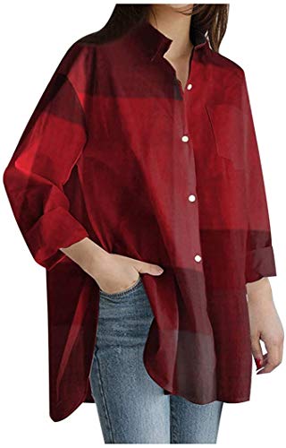 Tomwell Camisa de Cuadros para Mujer Blusa Manga Larga Oficina Camisetas con Botones Básico Shirt Casual Estilo de Boyfriend Suelto Tops para Otoño Invierno Rojo B L