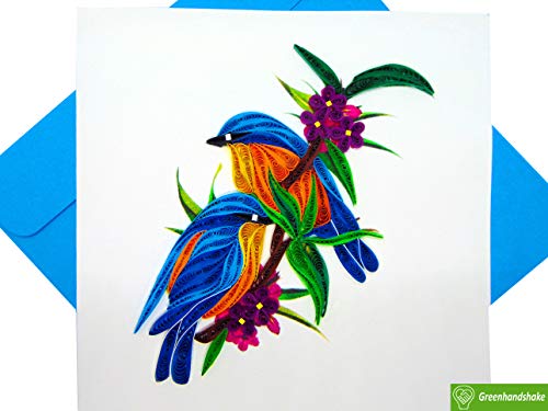 Bluebirds, Quilling Card 3D - Unique Dedicated Handmade, Design Greeting Card For Birthday, Valentine's Day, Mothers Day, Spring, Fathers Day, Graduation, Wedding, Anniversary, Thank You, Get Well, All Occasion | 6" X 6" #TOP5