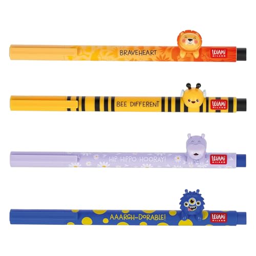 LEGAMI Gelstift Lovely Friends dekoratives Tier abnehmbar und neu kombinierbar verhindert Rollen feine 0 5 mm-Spitze 4er Set Biene Löwe Hippo und Monster (NEU)