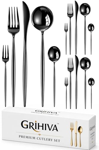 Image of 15 Pcs Black Cutlery Set for Dining Table the Perfect Lightweight Silim Handle Tableware Including Dinner Spoon, Dinner Fork, Dinner Knife, Dessert Spoon & Dessert Fork