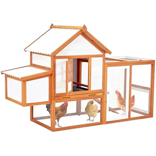Chicken Coop Hen House with Run, Large Walk in Wooden Duck Coop Accessories for 6/8/10 Chickens, Portable Outdoor Rabbit Hutch, Nesting Box with 5 Access Areas, Wire Fence