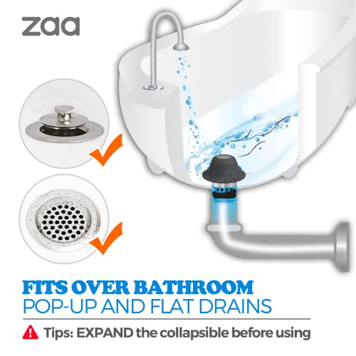 Image of zaa Bathtub Drain Hair Catcher, 2 Pack Silicone Collapsible Bathtub Drain Cover Hair Catcher & Protector for Pop-Up & Regular Drains of Shower, Bathtub, Tub, Bathroom, Sink, Black Black