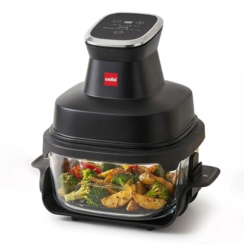 CELLO Airmate Modular Air Fryer with 5MM Borosilicate Glass Bowl 4L | 90% Less Fat Cooking, 1500W High Speed 360° Air Wave Technology | For Fry Bake Crisp Keep Warm, Cook Serve Store, Dishwasher Safe