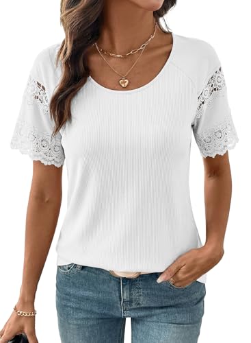 Image of EVALESS Womens Summer Tops Dressy Casual Spring Ribbed Texture Embroidery Short Sleeve Crewneck T Shirts