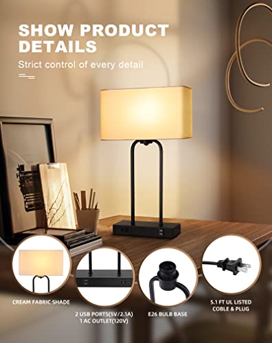 Chovin Table Lamp For Bedroom Set Of 2 With 2 Usb Ports And Ac Power Outlet, 20" Touch Control 3-Way Dimmable Modern Bedside Lamp With Fabric Shade For Living Room Hotel(2 Led Bulb Included) #TOP3