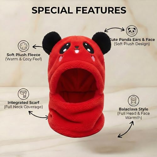 Image of Kraptick Winter Kids Monkey Cap - Cute Panda Plush Balaclava Hat with Neck Warmer Scarf Soft Woolen Fleece Lined Windproof Earflap Hood for Babies -3