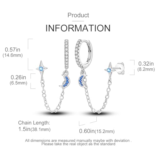 Hapour Double Piercing Chain Earrings for Women Teen, 925 Sterling Silver Hoop Earrings Huggie Cuff Chain Dangle Earrings with CZ Star Moon Charm4