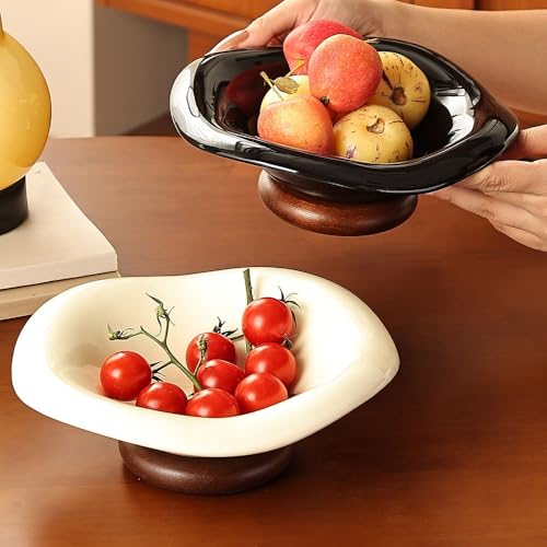 Frutero irregular de cerámica brillante negra y soporte de madera natural 5
