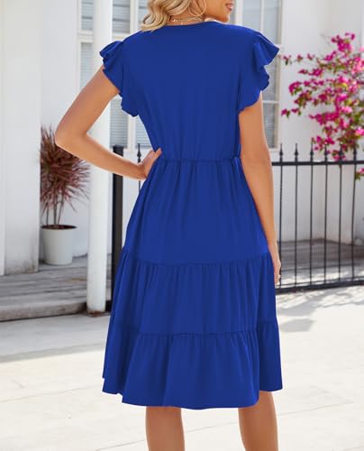 Image of Womens Summer Dress Ruffle Sleeve V Neck Midi Dresses Casual Fit Flowy Tiered Boho Beach Vacation Sundress