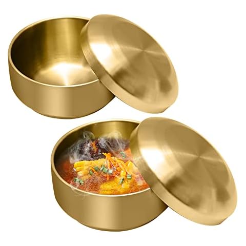 MDEOOSKY 2PCS 304 Stainless Steel Rice Bowls, Gold Metal Bowl with Lid, Double Layer Anti Scalding Bowl, Rice Bowls Soup Bowl Salad Bowl Noodle Bowl for Korean Kitchen Restaurant, 4.92 inch Cover