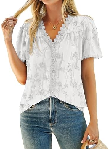 Simplee Womens Blouses Dressy Casual - V Neck Short Sleeve Embroidered Eyelet To