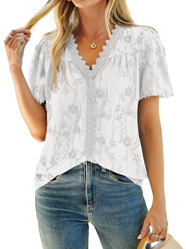Simplee Womens Blouses Dressy Casual - V Neck Short Sleeve Embroidered Eyelet Tops Shirts Western Peasant Spring Summer Outfits,White L
