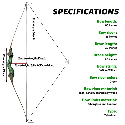 60 Inch Black Hunter Longbow 20-60 Lbs Archery Bow Takedown Bow And Arrow Set With Extra Bowstring For Adults And Beginners Hunting Right Hand Green (40Lbs) #TOP1