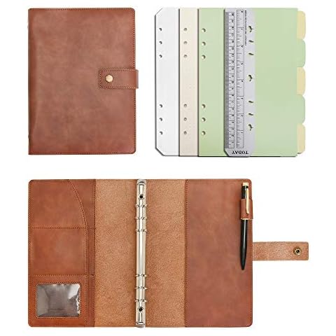 Wonderpool Leather Diary Refillable Notebook Spiral Journal Binder Portfolio - A5 Dot Grid Paper & Inner Pockets for Travel Work and Personal Organizer (Coffee, A5) Cover
