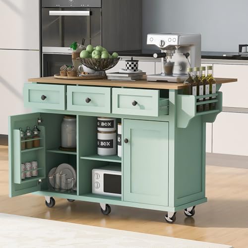 Yayzy Rolling Kitchen Island with Drop Leaf & Cabinet Door Storage Racks, 53â€ Kitchen Cart with 3 Drawers, Rubberwood Top, Locking Wheels, for Kitchen and Dining Room, Mint Green