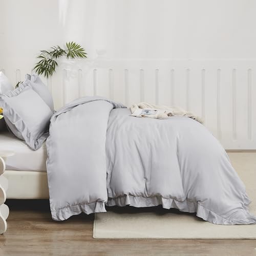 Image of Litanika Light Grey Full Size Comforter Sets, 3 Pieces Ruffle Farmhouse Aesthetic Bedding Comforter Sets, All Season Soft Lightweight Fluffy Microfiber Bed Set(79x90In Comforter, 2 Pillowcases)
