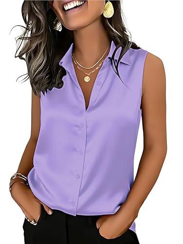 Mawor Womens Silk Satin Sleeveless Button Down Shirts Blouses Summer Collared V Neck Tank Top for Work Office Business Dressy Casual Lavender L