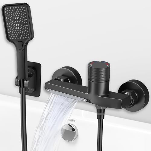 Yowmina Mitigeur Baignoire Thermostatique Mural Noir, Laiton Massif, Bec Cascade Orientable, Douchette 3 Modes, Flexible 1,5m, Système Anti-Brûlure, Norme...