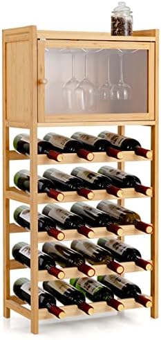 TANGZON 20-Bottle Bamboo Wine Rack with Glass Holders & Door, 5-Tier Wine Cabinet, Free Standing Drinks Wine Storage Display Shelves Organiser for Home, Kitchen, Bar and Cellar