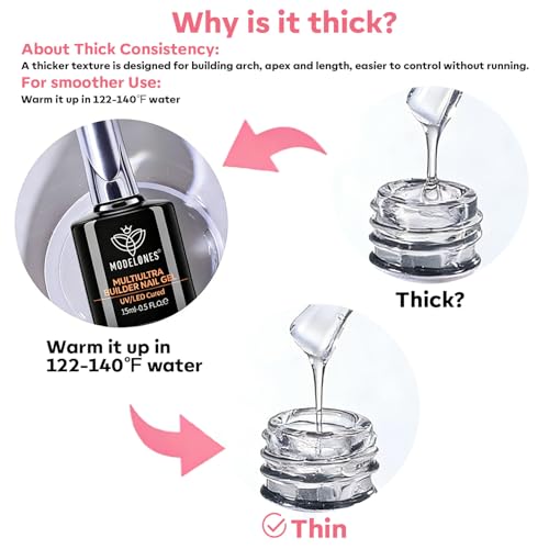 Image of modelones Builder Nail Gel, Ultra Clear Builder for Nails No Top Coat Needed, Glossy Jelly Finish, C-Curve Sculpting, 9-in-One LED Lamp Cured Color Gel Polish for Quick Diy Salon No-Wipe