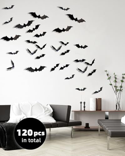 Bats Wall Decor 120PCS Halloween Decoration Bats Realistic PVC 3D Black Scary Bat Wall Stickers for Creepy Home Decor Halloween Party Decorations DIY Wall Decal Bathroom Indoor Halloween Decor4