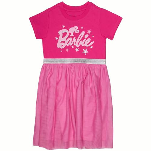 Barbie Girl's Short Sleeve Sparkle Tutu Dress, Logo Glitter Print Dress with Tulle Skirt for Kids