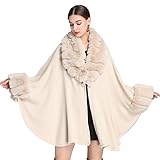 STDNERY Manteau Cape Tricoté Élégant for Femme Cardigan Cape en Tricot Poncho Châle avec Col en Fausse Fourrure for Mariage Automne Hiver Mariée Demoiselles d'honneur(Beige)